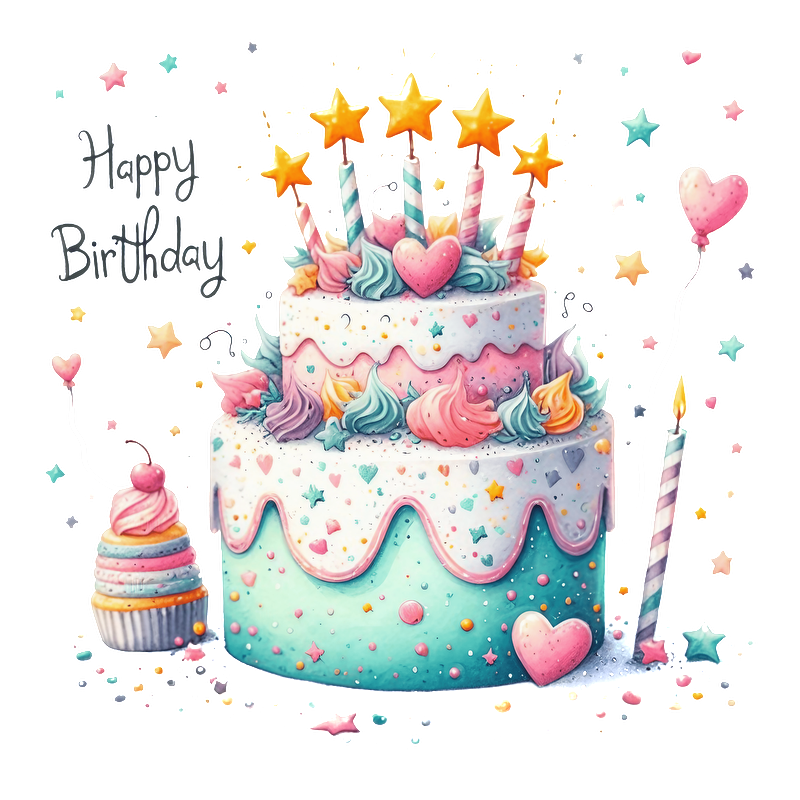 Celebrate with this delightful birthday cake featuring colorful frosting, stars, and candles, accompanied by a matching cupcake!DTF Transfers