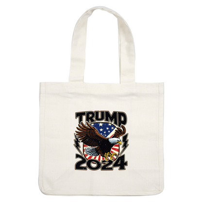 Diseño atrevido que presenta un águila con colores y símbolos patrióticos, que promueve “Trump 2024” con gráficos llamativos.