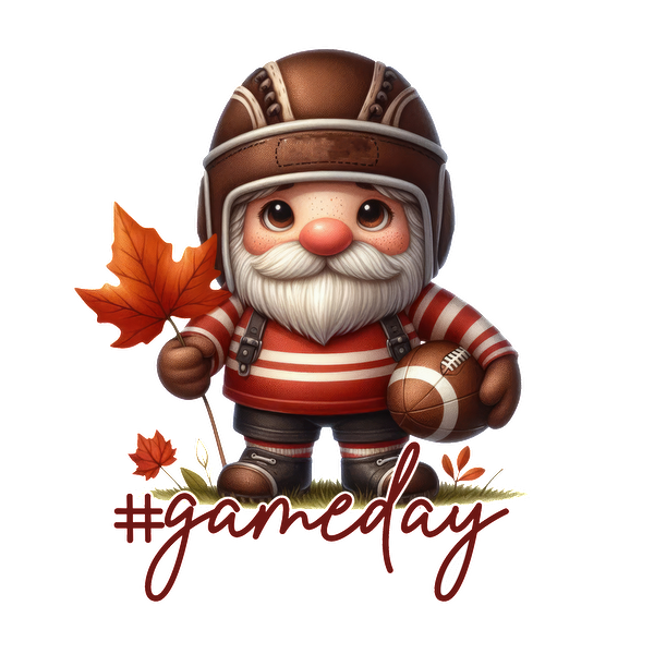 A festive gnome in a football helmet and striped shirt, holding a football and autumn leaves, perfect for game day! dtf prints