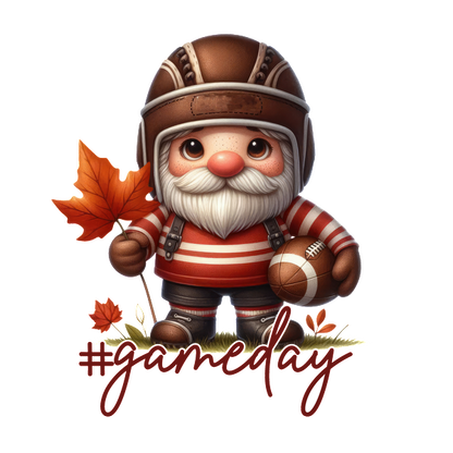 A festive gnome in a football helmet and striped shirt, holding a football and autumn leaves, perfect for game day! dtf prints