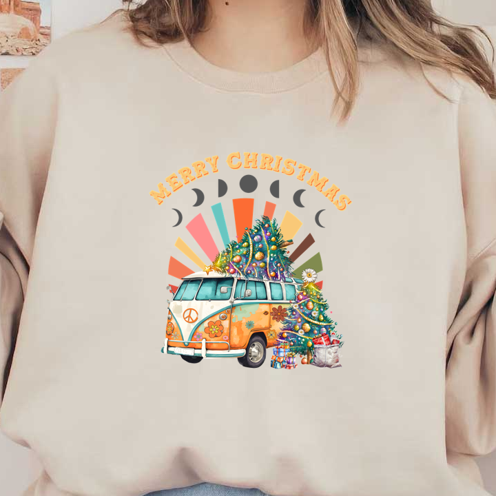 Festive illustration featuring a retro van adorned with Christmas trees and gifts, showcasing a joyful "Merry Christmas" greeting.dtf regular iron