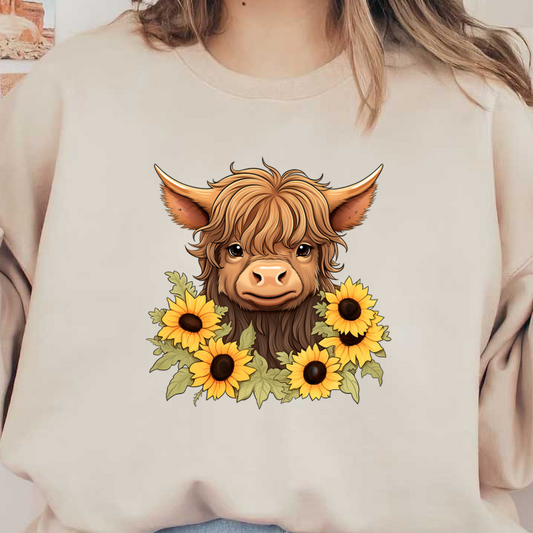 A charming illustrated Highland cow surrounded by vibrant sunflowers, showcasing its distinctive long fur and friendly expression. dtf prints