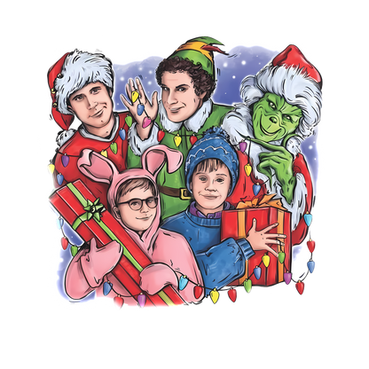 A festive group of children dressed in holiday attire, featuring the Grinch and vibrant gifts, radiating Christmas cheer.DTF Transfers dtf transfersdtf regular iron