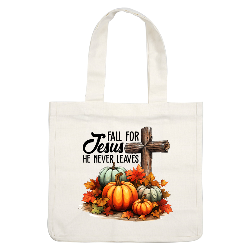 A charming autumn scene featuring colorful pumpkins and vibrant fall leaves, complemented by a rustic wooden cross.dtf regular iron