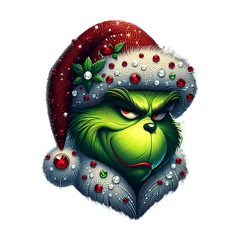 A vibrant illustration of the Grinch wearing a festive Santa hat adorned with decorative jewels and greenery, capturing a mischievous expression.DTF Transfersdtf regular iron