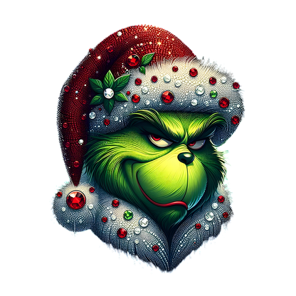 A vibrant illustration of the Grinch wearing a festive Santa hat adorned with decorative jewels and greenery, capturing a mischievous expression.DTF Transfersdtf regular iron