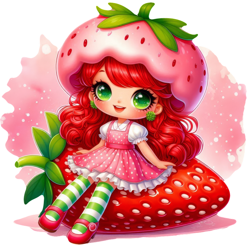 This adorable character features vibrant red hair, green eyes, and a cute strawberry hat, sitting on a giant strawberry.DTF Transfers