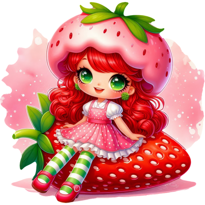 This adorable character features vibrant red hair, green eyes, and a cute strawberry hat, sitting on a giant strawberry.DTF Transfers