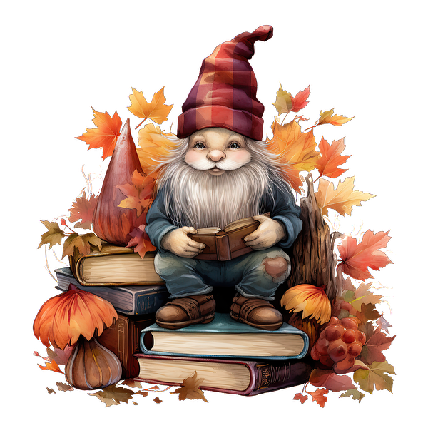 A charming gnome with a striped hat sits on a stack of books surrounded by vibrant autumn leaves and decorations. heat press transfers