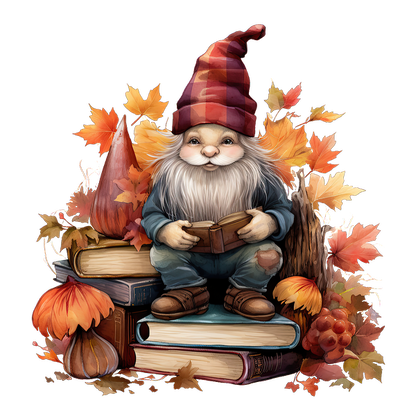 A charming gnome with a striped hat sits on a stack of books surrounded by vibrant autumn leaves and decorations. heat press transfers