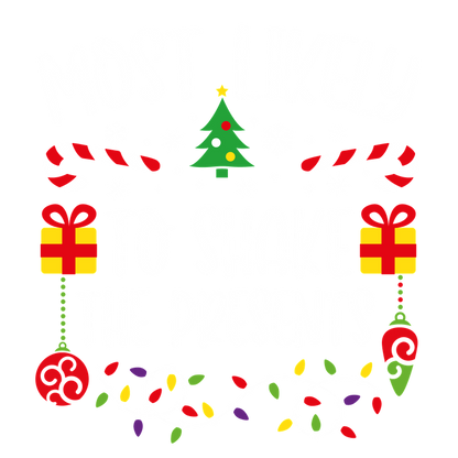 Fun and festive design featuring the playful phrase "Most Likely to Shake the Presents" surrounded by holiday decorations like candy canes, gifts, and a Christmas tree.DTF Transfers dtf prints