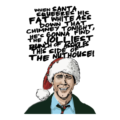 A festive illustration of a man wearing a red and white Santa hat, along with a green jacket and blue shirt.DTF Transfers dtf prints