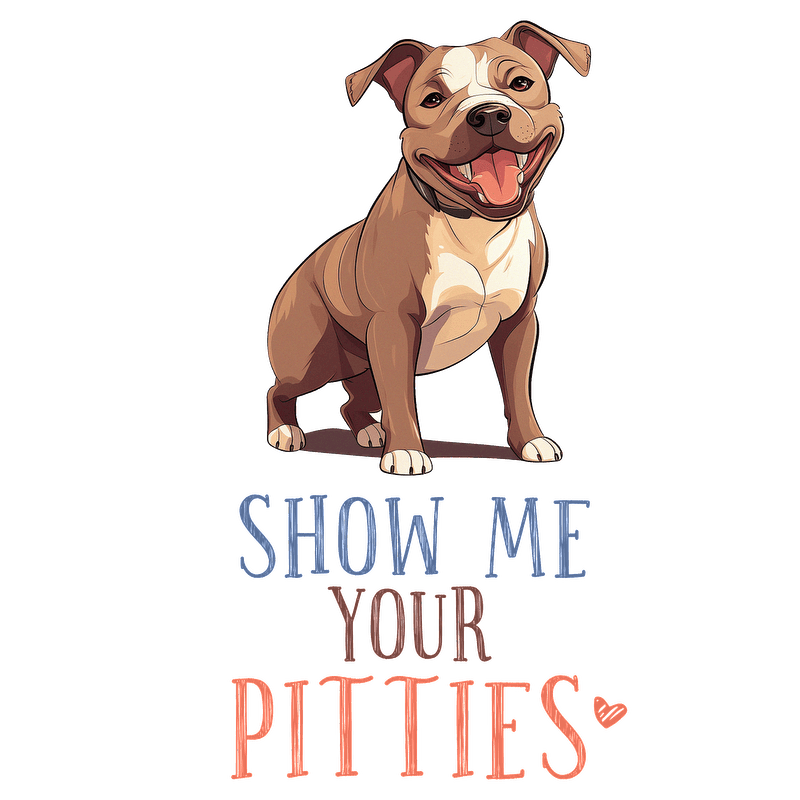 A cheerful cartoon pit bull with the playful phrase "Show Me Your Pitties," perfect for dog lovers!DTF Transfers