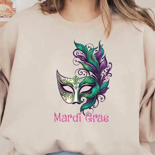 A beautifully designed Mardi Gras mask adorned with vibrant green and purple foliage, capturing the festive spirit of the celebration.DTF Transfers