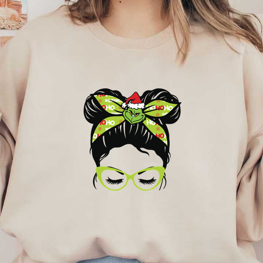 This playful design features a cute headband with a Grinch motif, complete with festive colors and quirky glasses.DTF Transfers