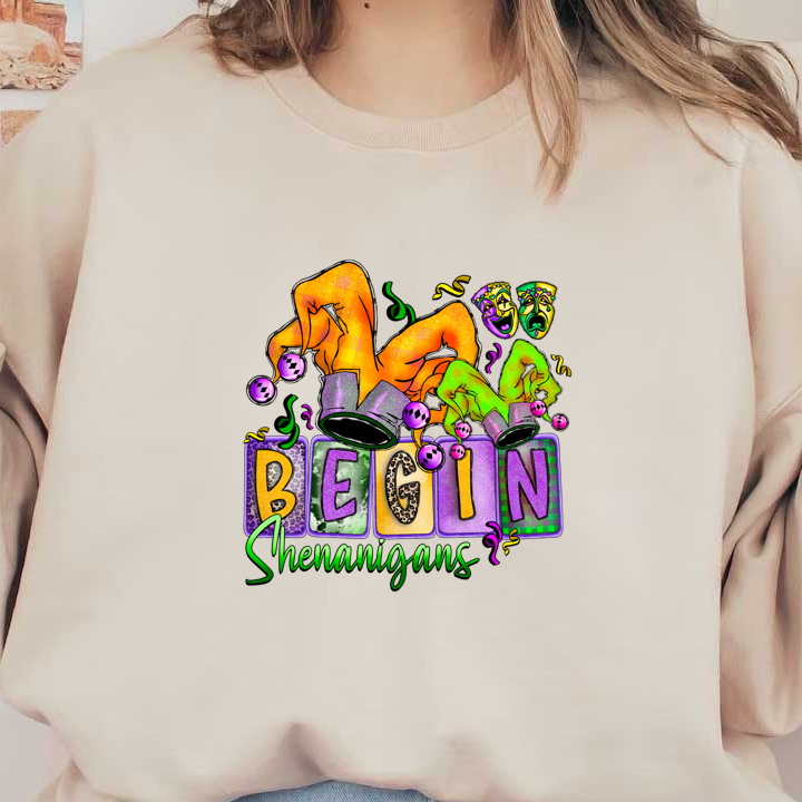 Colorful and playful graphic featuring hands pulling back a top hat, with vibrant text saying "BEGIN Shenanigans," perfect for festive occasions.DTF Transfers