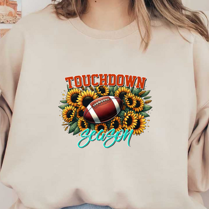 Celebre la alegría del fútbol con este vibrante diseño "Touchdown Season" que presenta un balón de fútbol rodeado de brillantes girasoles.