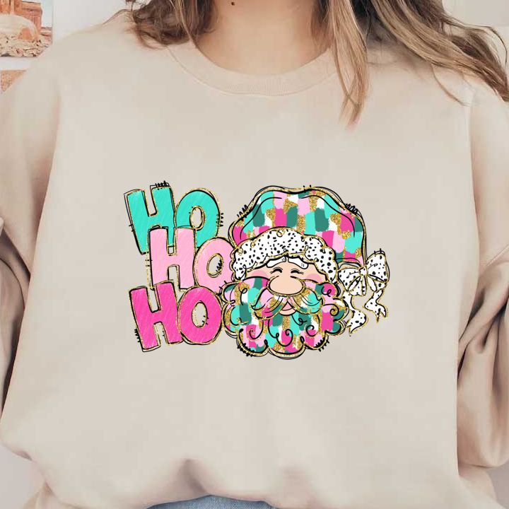 A whimsical illustration of a cheerful Santa with a colorful hat and playful "Ho Ho Ho" text, perfect for holiday cheer!DTF Transfers