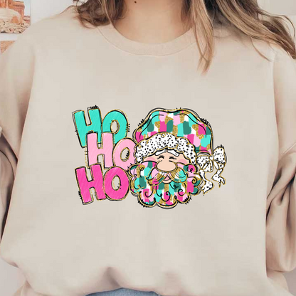 A whimsical illustration of a cheerful Santa with a colorful hat and playful "Ho Ho Ho" text, perfect for holiday cheer!DTF Transfers