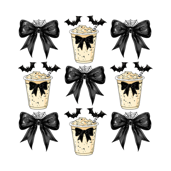 Un patrón divertido que presenta bebidas cremosas cubiertas con crema batida, adornadas con lazos negros y extravagantes diseños de murciélagos.