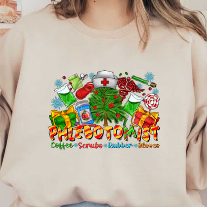 A festive and colorful design featuring a Christmas tree, gifts, and various medical items, celebrating the phlebotomist profession.DTF Transfers heat press transfers