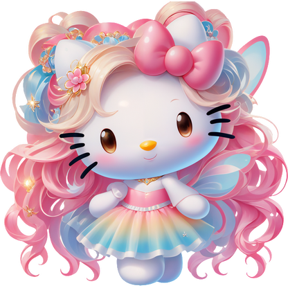 This cute character features a pink and blue ombre dress, adorned with a large bow and butterfly wings, perfect for whimsical adventures.DTF Transfers