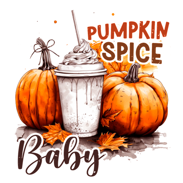 A festive illustration featuring a pumpkin spice drink surrounded by vibrant pumpkins and autumn leaves, perfect for fall vibes.dtf regular iron