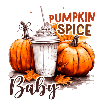 A festive illustration featuring a pumpkin spice drink surrounded by vibrant pumpkins and autumn leaves, perfect for fall vibes.dtf regular iron