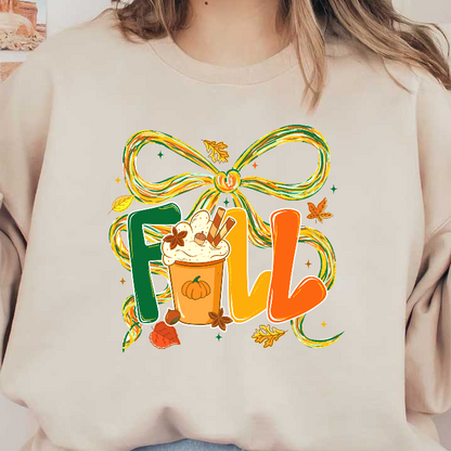 Cozy fall-themed illustration featuring a pumpkin spice drink and colorful leaves.DTF Transfers
