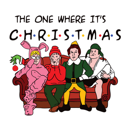 A fun Christmas-themed graphic featuring characters in festive attire on a couch, complete with playful holiday elements.DTF Transfersdtf regular iron heat press transfers