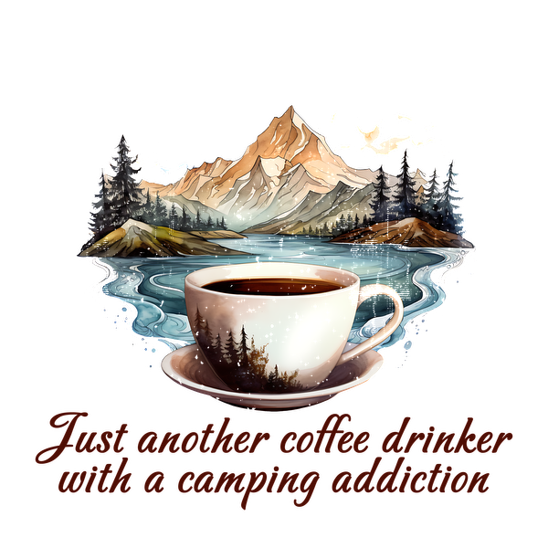 Una acogedora ilustración de una taza de café con un sereno telón de fondo de una montaña y un lago, perfecta para los entusiastas de la acampada.