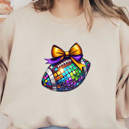 A colorful, disco-themed football adorned with a shiny purple and orange bow, perfect for festive celebrations.dtf regular iron