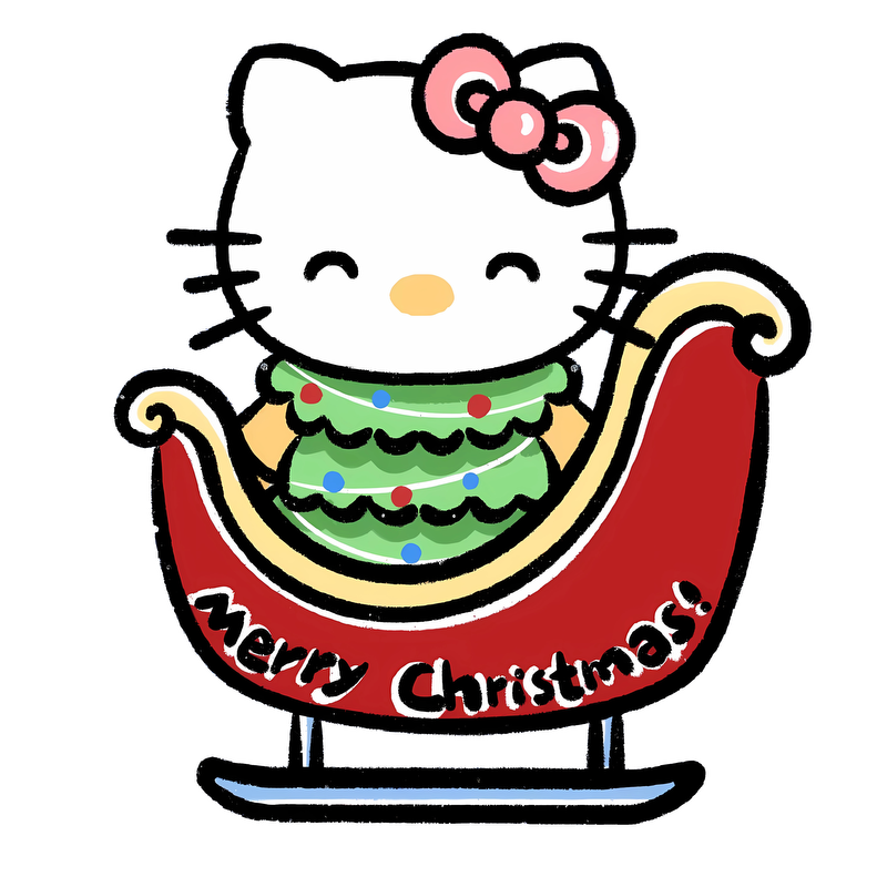 Happy Hello Kitty in a festive sleigh, wearing a colorful Christmas dress, with "Merry Christmas!" cheerfully displayed.DTF Transfers