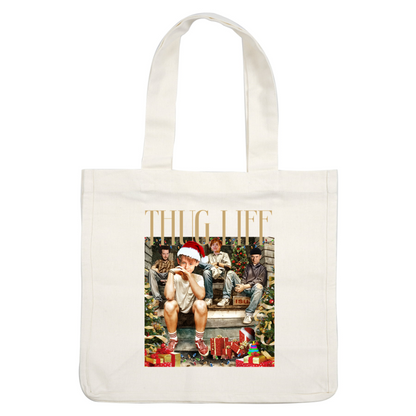 A festive holiday-themed image featuring a group of friends sitting on stairs, surrounded by decorations and colorful presents, with a playful "Thug Life" caption.DTF Transfersdtf regular iron dtf prints