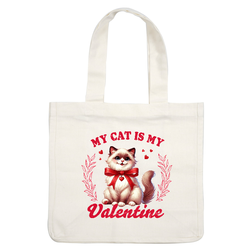 Celebrate your love for cats with this cute graphic featuring a fluffy feline adorned with a red bow and hearts!DTF Transfers