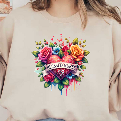 A beautifully illustrated heart surrounded by vibrant roses and flowers, featuring the phrase "Blessed Nurse" on a banner.DTF Transfers