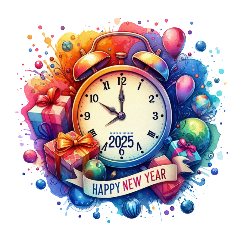 Celebrate 2025 with this vibrant New Year’s artwork featuring a classic clock, colorful balloons, and beautifully wrapped gifts!DTF Transfers