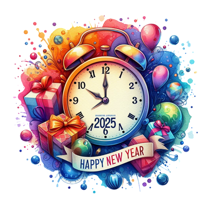 Celebrate 2025 with this vibrant New Year’s artwork featuring a classic clock, colorful balloons, and beautifully wrapped gifts!DTF Transfers