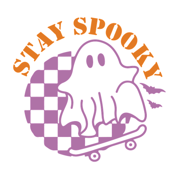 A playful graphic featuring a ghost on a skateboard, with the phrase "Stay Spooky" in vibrant orange and purple tones. dtf transfers