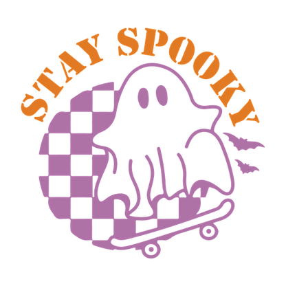 A playful graphic featuring a ghost on a skateboard, with the phrase "Stay Spooky" in vibrant orange and purple tones. dtf transfers