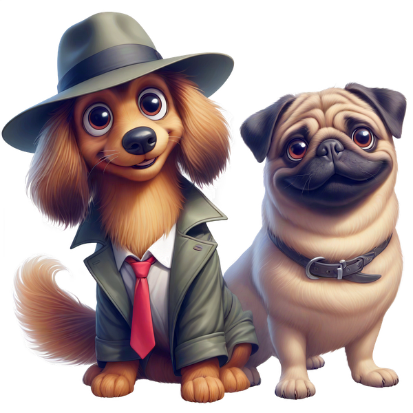 Una encantadora caricatura de un perro detective con sombrero y abrigo, junto a un amigable pug, ambos con expresiones encantadoras.