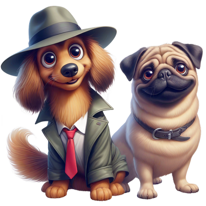 Una encantadora caricatura de un perro detective con sombrero y abrigo, junto a un amigable pug, ambos con expresiones encantadoras.