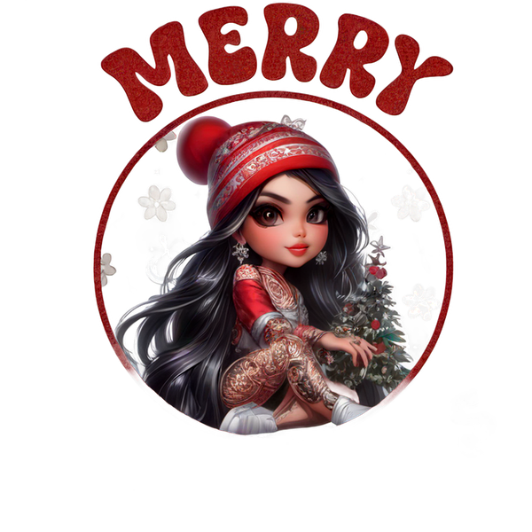 Cheerful Christmas design featuring a girl in a festive outfit, surrounded by holiday elements and the greeting "Merry Christmas." dtf prints