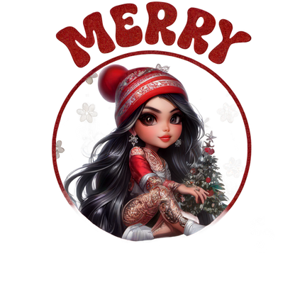 Cheerful Christmas design featuring a girl in a festive outfit, surrounded by holiday elements and the greeting "Merry Christmas." dtf prints