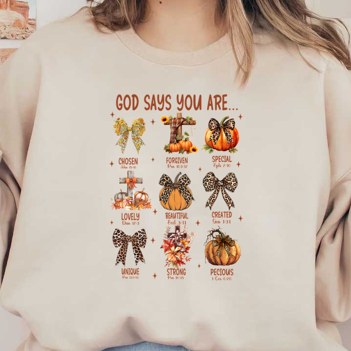 A vibrant autumn-themed print featuring uplifting messages with pumpkins, bows, and crosses, celebrating positivity and individuality. dtf prints