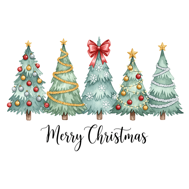 A festive illustration of five decorated Christmas trees with "Merry Christmas" written below.DTF Transfers