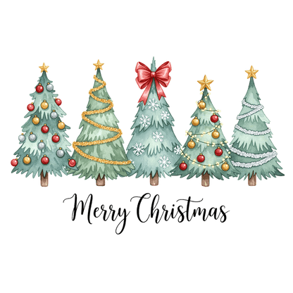 A festive illustration of five decorated Christmas trees with "Merry Christmas" written below.DTF Transfers