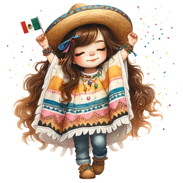 Una alegre niña con un poncho vibrante y un sombrero de ala ancha sostiene con alegría una bandera mexicana, celebrando su cultura.