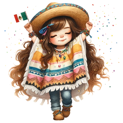 Una alegre niña con un poncho vibrante y un sombrero de ala ancha sostiene con alegría una bandera mexicana, celebrando su cultura.