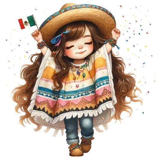 A cheerful girl in a vibrant poncho and wide-brimmed hat joyfully holds a Mexican flag, celebrating her culture.dtf regular iron